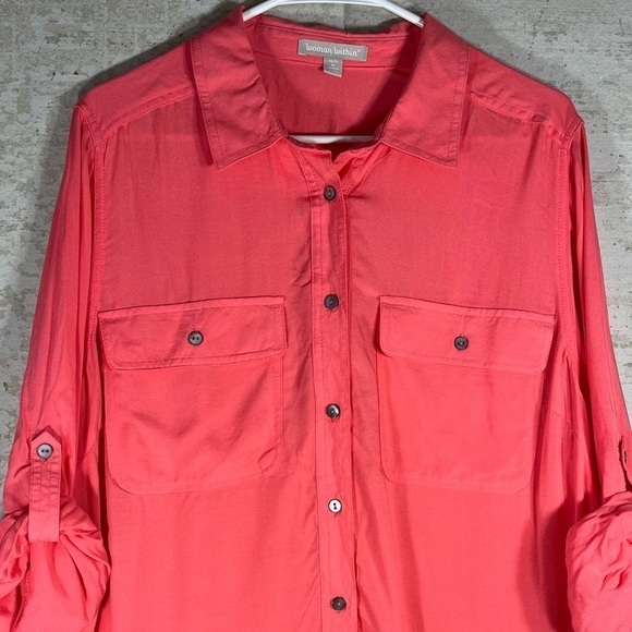 WOMAN WITHIN Apricot Blouse Button Up Front Pockets Tab Sleeves Top Size 14/16 - Picture 2 of 15